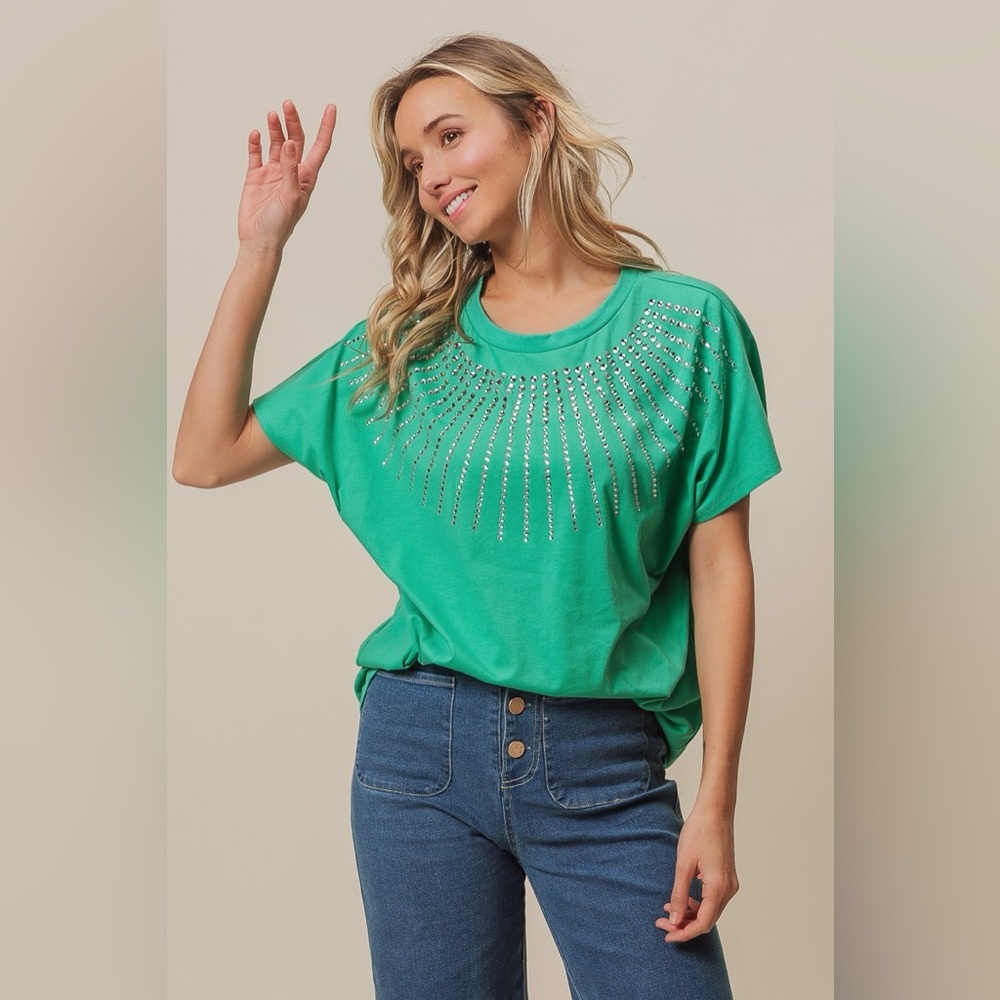 BiBi Rhinestone Beaded Short Sleeve Top - Picture 11 of 12